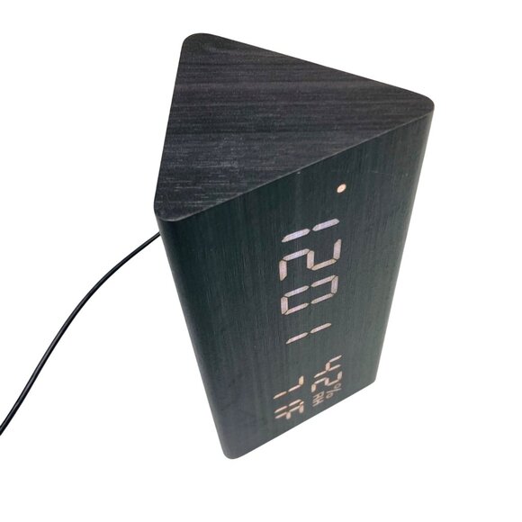 Digital LED Wood Grain Geometric Triangle Clock w/ Temp & Humidity Display Decor - Picture 3 of 4